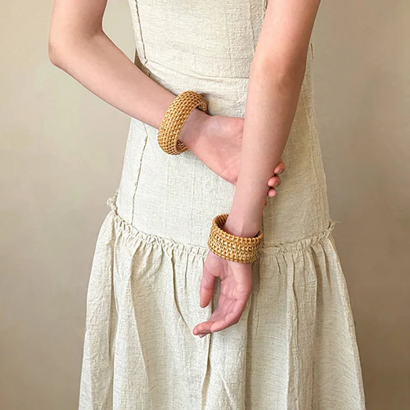 Boho Coffee Wood Bamboo Rattan Knit Wide Bracelets,  Hand-woven Wrapped Vintage Cuff Bracelets