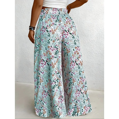 Plus Size 1XL-5XL  Boho Floral Print Wide Leg Pants, Elastic and Drawstring High Waisted Loose Long Trousers