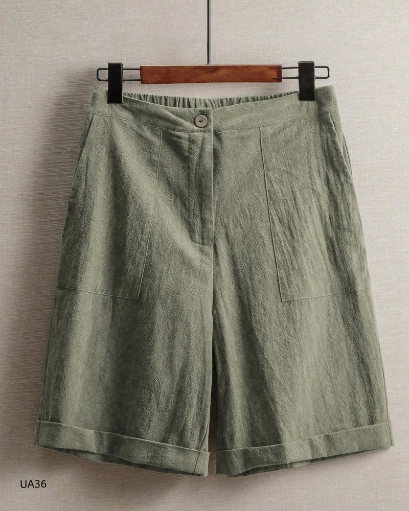 Casual Cotton Linen Knee-Length Shorts, Elastic Waist, Bermuda Shorts with Pockets, in 5 Colors