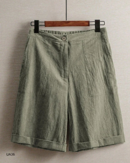 Casual Cotton Linen Knee-Length Shorts, Elastic Waist, Bermuda Shorts with Pockets, in 5 Colors