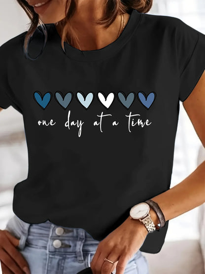 Women'S Casual Graphic  "One Day at a Time" Heart Print Short Sleeve Round Neck