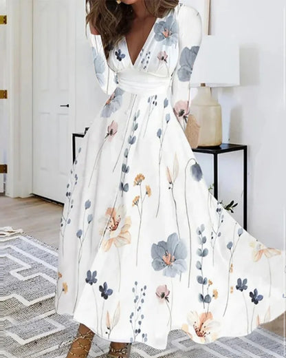 Bohemian Floral Print Deep V Neck Long Sleeve High Waist Flowy Maxi Dress With Elegant Botanical Pattern