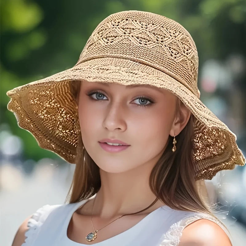 Summer straw hat with design and large brim Sun Hat Various colors