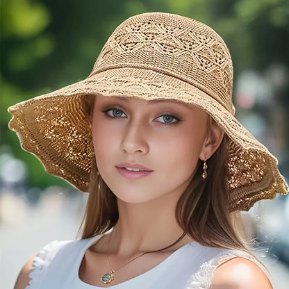 Summer straw hat with design and large brim Sun Hat Various colors