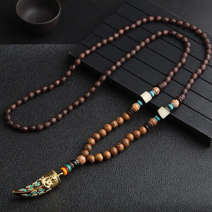 Vintage Handmade Necklace Nepal Mala Wood Beads Pendant & Necklace