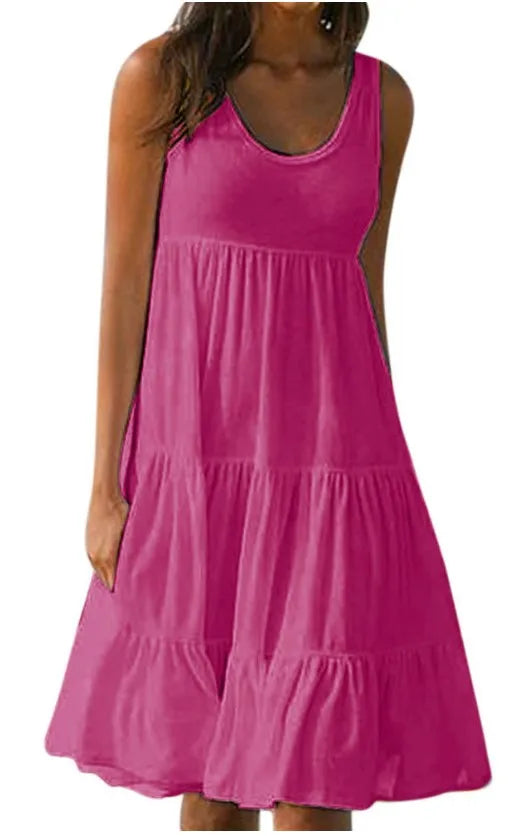 Sizes to 5XL, Casual Boho Tank Top Neck, Sleeveless, Tiered Ruffles, Oversized Loose Dress