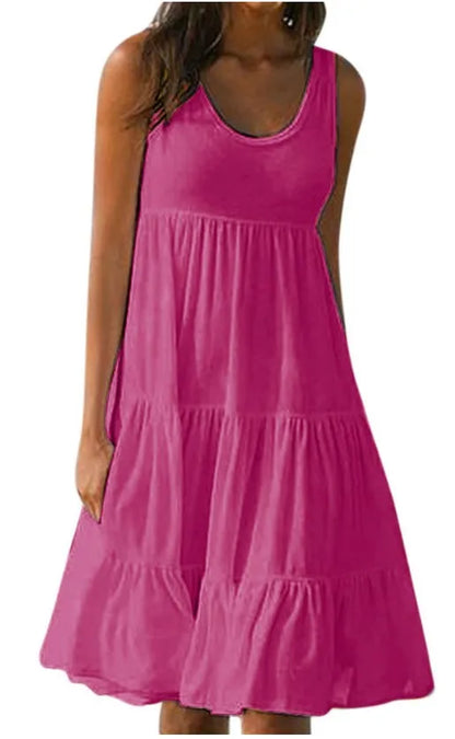 Sizes to 5XL, Casual Boho Tank Top Neck, Sleeveless, Tiered Ruffles, Oversized Loose Dress