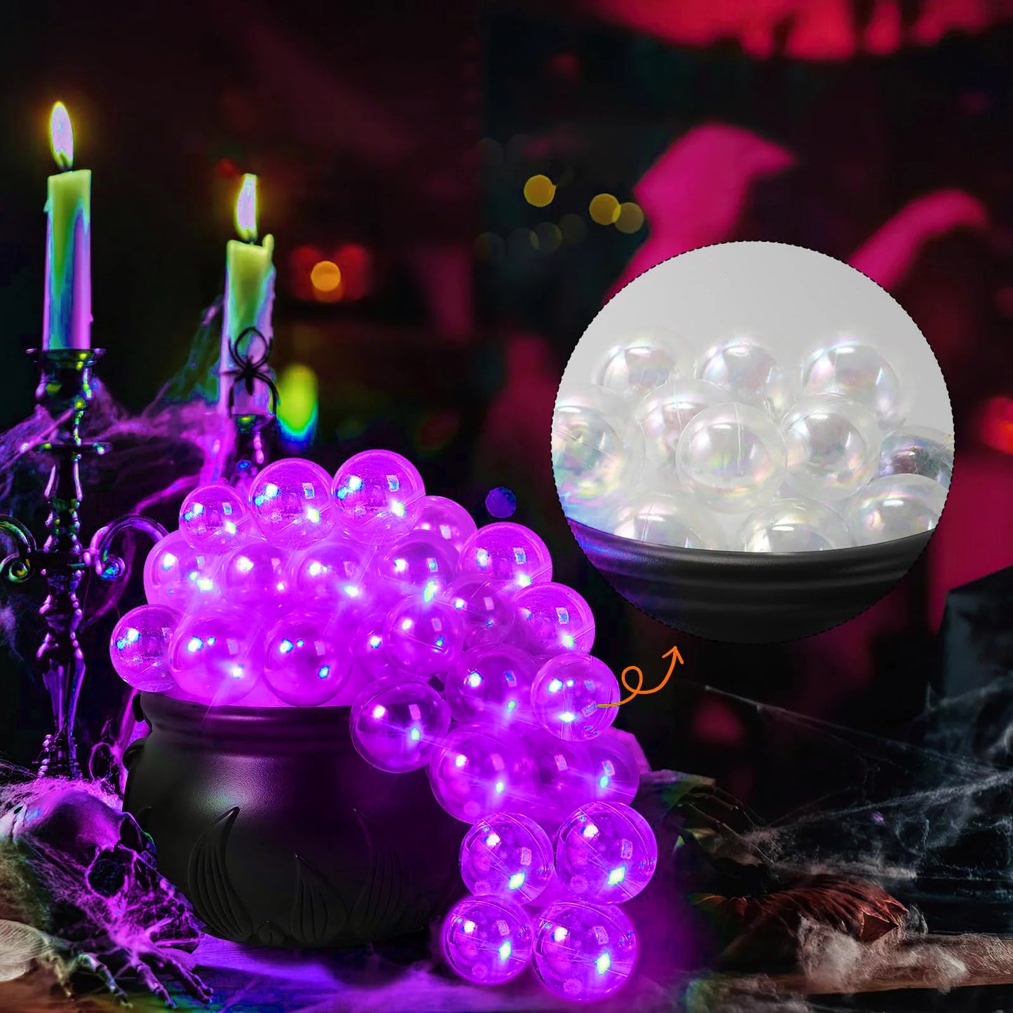 Indoor Halloween DIY Bubbling Witch Cauldron. Consists of 1 witch cauldron, cotton filling, 40 clear balls, and a string of twinkling lights, glue, and 10 simulated spiders.