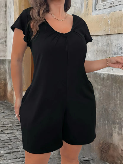 Sizes to 5XL V-Neck Flounce Sleeve Short Jumpsuit with Pockets. In Orange, Blue, Grey, and Black
