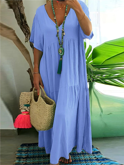 Sizes to 5XL, Loose Casual Midi Dress, V-neck, Short Loose Sleeves