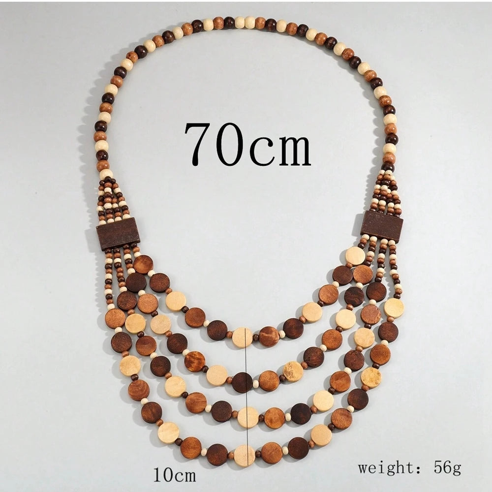 Boho African Jewelry Multi Layered Handmade Round Wooden Beaded Necklace