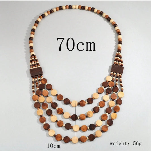 Boho African Jewelry Multi Layered Handmade Round Wooden Beaded Necklace
