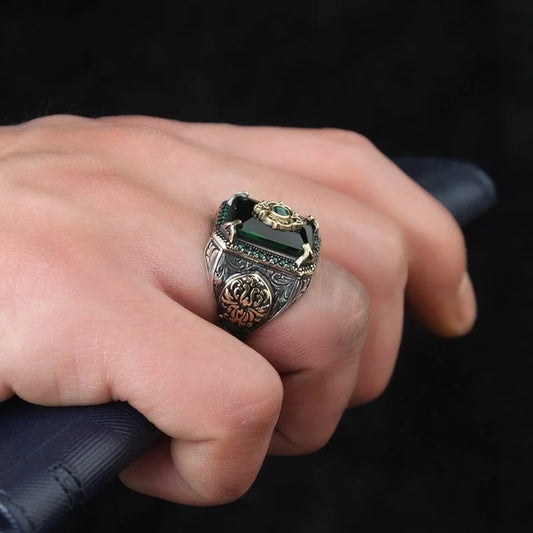 Retro Handmade Turkish Signet Ring  Vintage Silver Color Carving Pattern Inlay