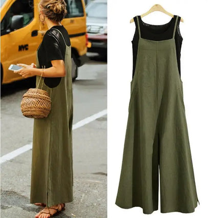 Spaghetti Strapped Jumpsuit to Sizes 5XL. Solid Color, Wide Leg Pants. Bibbed Overalls with Pockets. Casual, Loose, Cotton Linen
