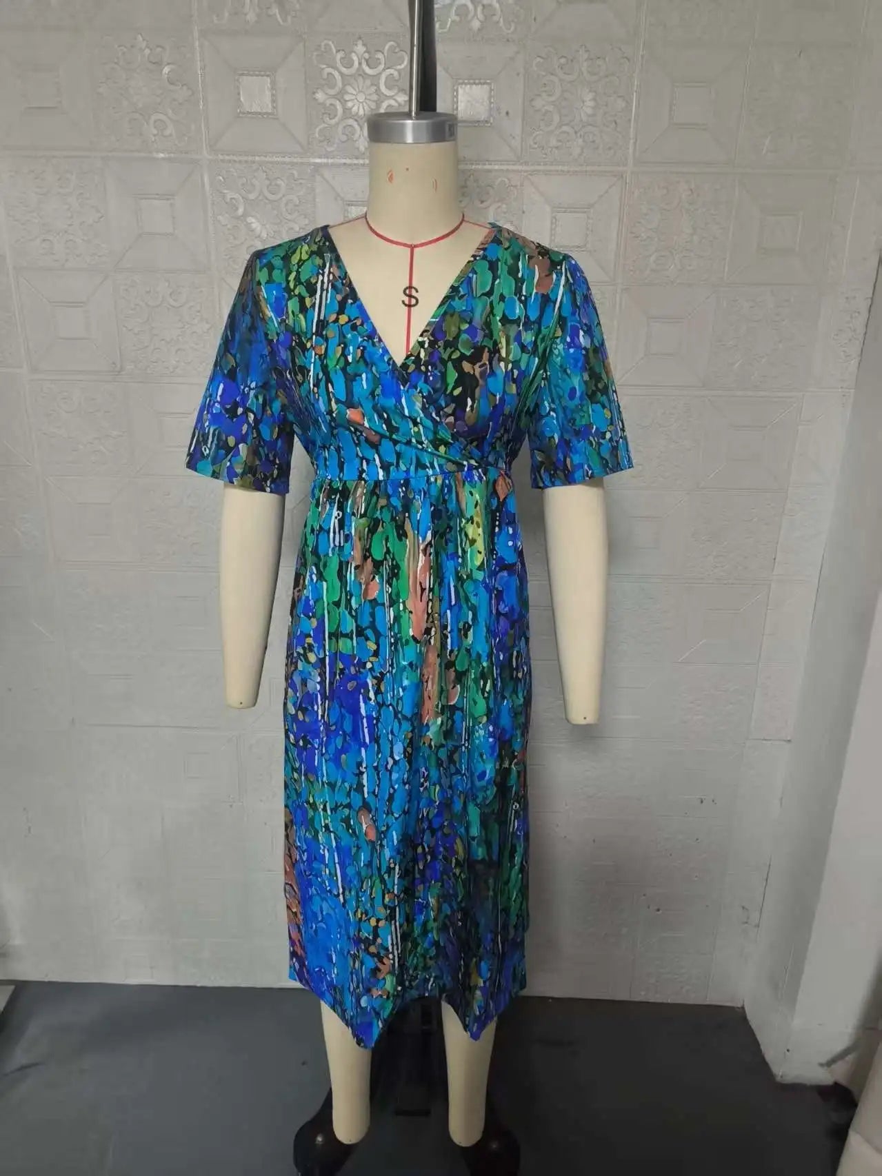 Sizes to 3XL, Loose, Casual, V-neck, Crisscross Top, Tie Waist, Bell Sleeves, Floral Printed Dress