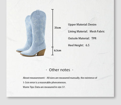 Embroidered Western Cowgirl Boots, Pointed Toe, Thick Heel,  Knee High Boots