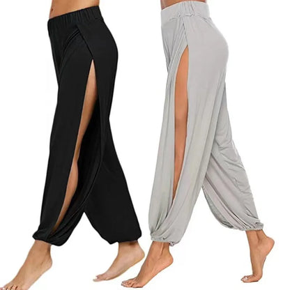Boho Pants Elastic Waist Women's High Split Hippy Casual Pants, High Waisted