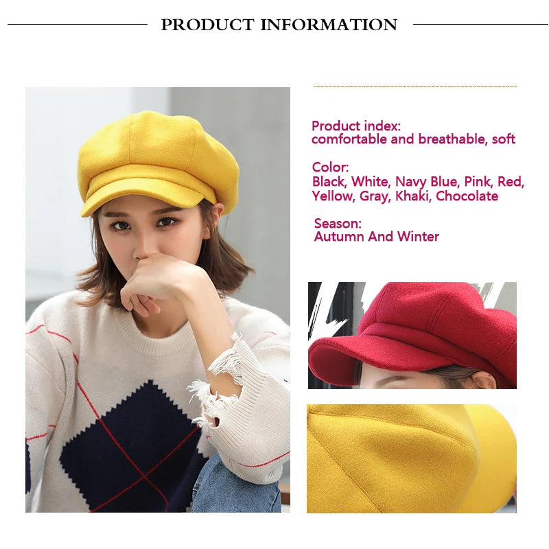 Woolen Octagonal Beret Duckbill Hat Beret British Style