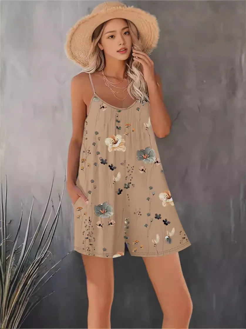 Sizes to 2XL, Boho Bib Shorts, Printed, Sleeveless Jumpsuit, Spaghetti Straps, 11 Different Designs