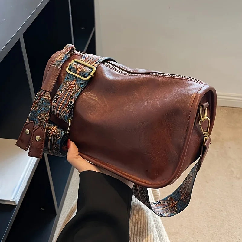 Zipper Closure  Crossbody Bag, Stylish Leather Shoulder Bag with Wide Strap