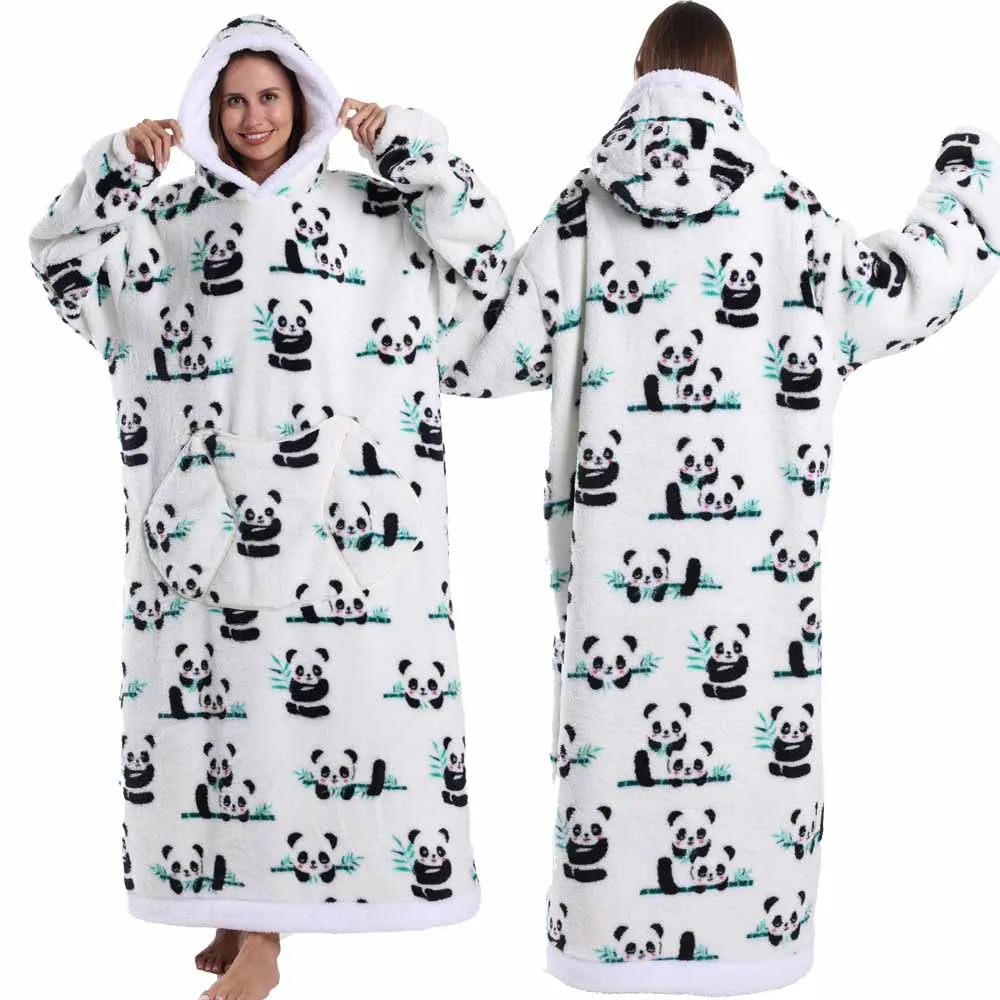 Super Long Flannel Pullover Night Shirt with Pocket and Hood, Super Snuggly for Men and Women, 12 Different Prints
