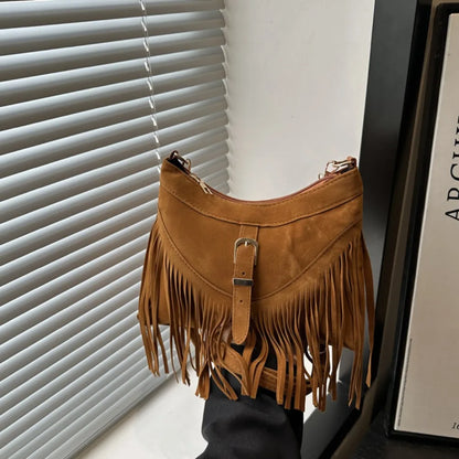 Bohemian Suede Leather Under-Arm Zipper, Tassels, Shoulder Bag, Solid Color PU Leather, Black, Grey, Coffee, and Light Brown