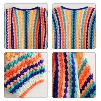 Rainbow Striped Knit Open Front Cardigan Long Sleeved Colorful Loose Knit Outerwear