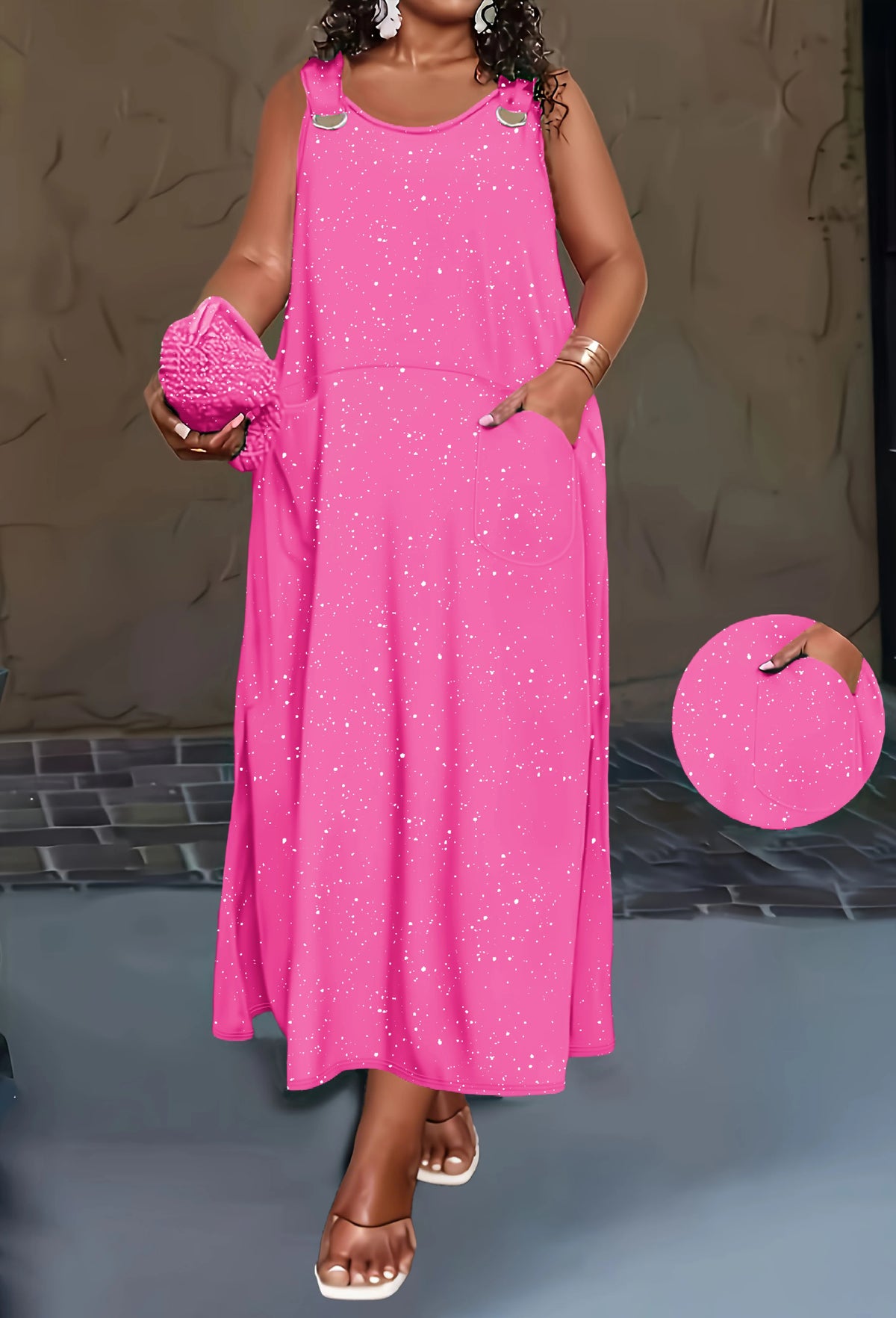 Sizes to 6XL, Women's Solid-Color Powder-Sprinkled Tank Top Dress with Side Pockets