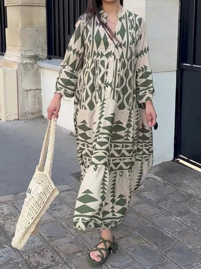 Boho Vintage Maxi Dress Long Sleeve Long Loose Dress with V  Neck