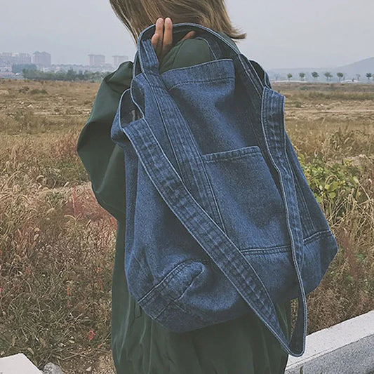 Large Capacity Denim Crossbody Shoulder Bag or Short Handle Handbag