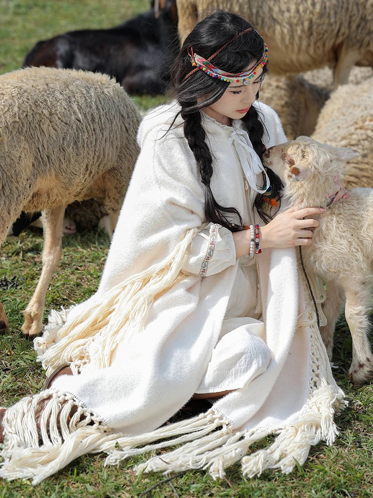 Boho Tassels Handmade Knitted Capes Thick Warm Ethnic Cloak Poncho (Red and Off White)