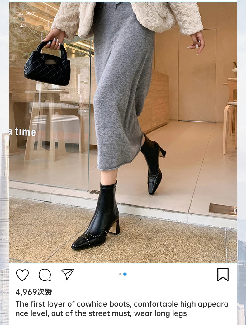 Rivetted Boots with Square Toes and Chunky Heels. Over the Ankle Stretch Tops