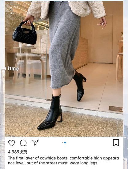 Rivetted Boots with Square Toes and Chunky Heels. Over the Ankle Stretch Tops