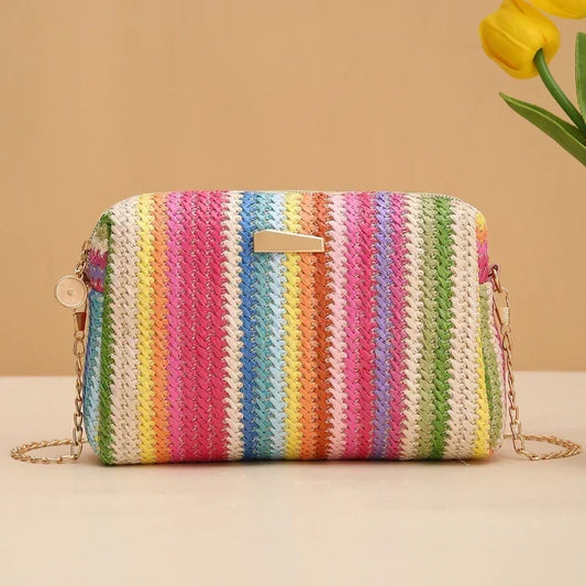 Small Rattan Knit Flap Bag with cross shoulder chain 6 colors