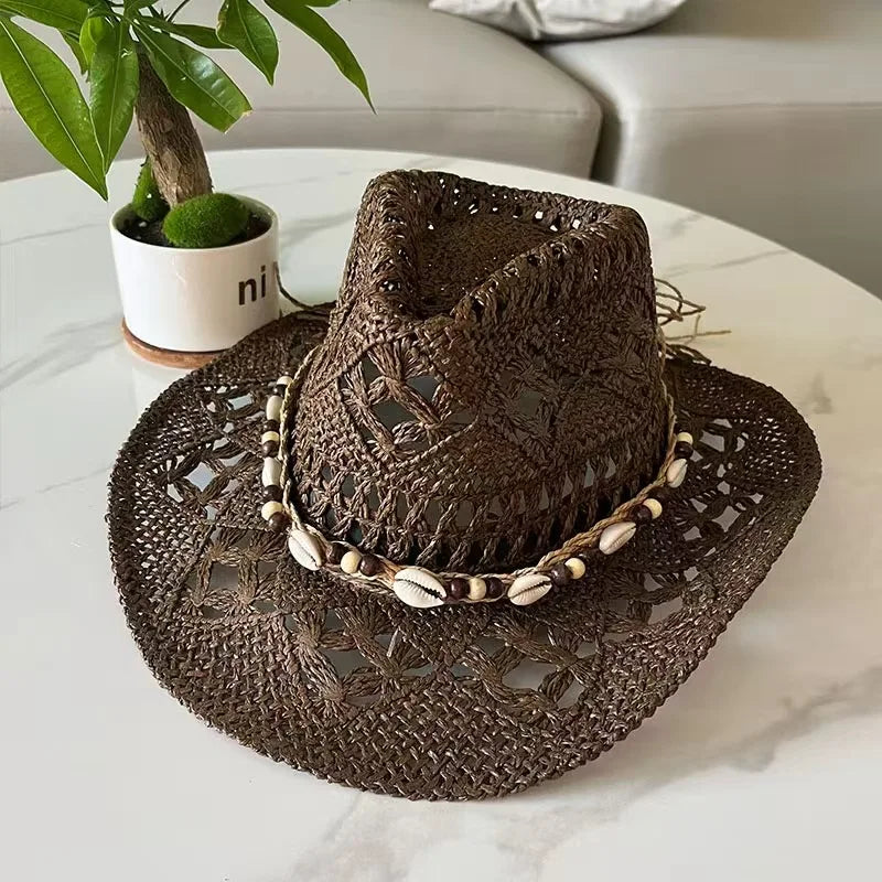 Bohemian 100% Recycles Paper Cowboy Hats with Wooden Beads and Shells Western wear 8 choices