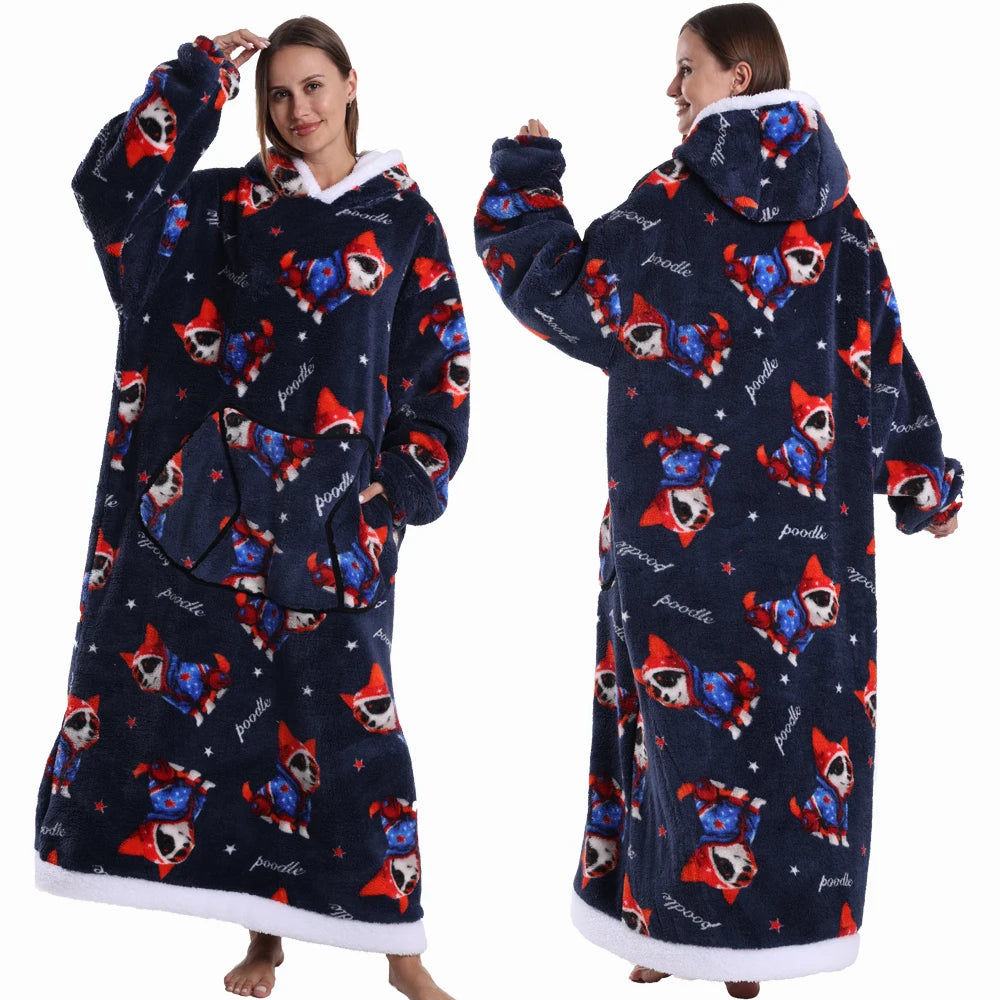 Super Long Flannel Pullover Night Shirt with Pocket and Hood, Super Snuggly for Men and Women, 12 Different Prints