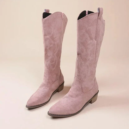 Embroidered Western Cowgirl Knee Boots with Pointed Toes and Thick Heels, High Knee Boots, PU Leather in Light and Medium Brown, Beige, and Pink