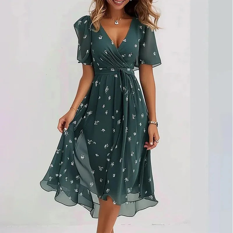 Sizes to 3XL, Loose, Casual, V-neck, Crisscross Top, Tie Waist, Bell Sleeves, Floral Printed Dress