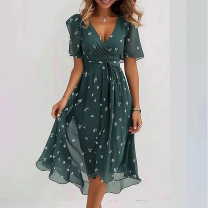 Sizes to 3XL, Loose, Casual, V-neck, Crisscross Top, Tie Waist, Bell Sleeves, Floral Printed Dress
