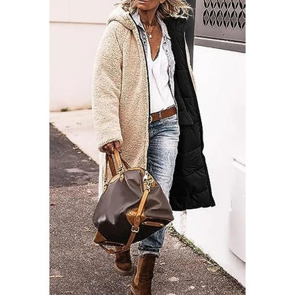 Reversible Sherpa Fleece, Long, Hooded Puffer Coats. Check colors: Brown, Green, Black, Burgundy, Light Gray