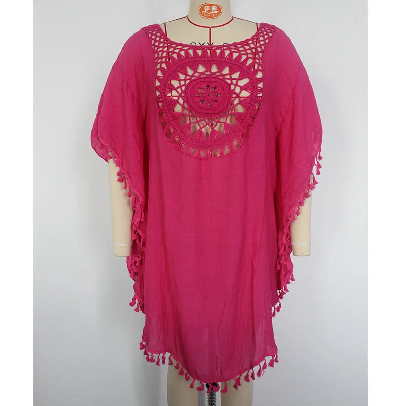 To 3XL CROCHET BIKINI-Plus Size Beach Tunic for Women, Swimwear, Sun Protection Clothes, Cover Up Swim Dress
