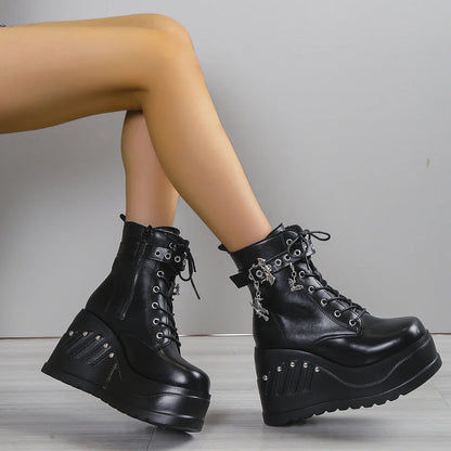Punk Goth Platform Heels Wedge Heeled Boots, Tie and Strap Closures