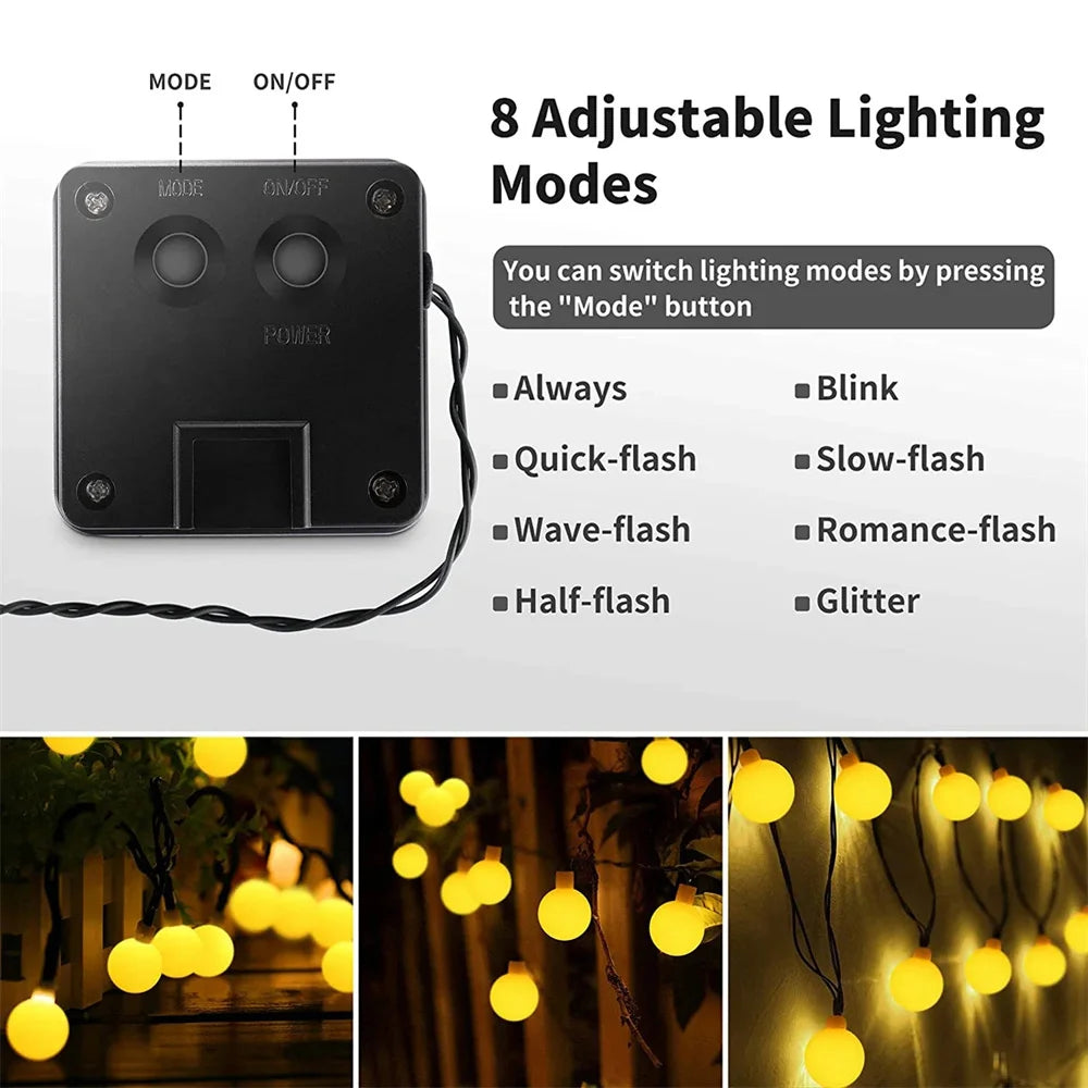 Frosted Globe Solar String Lights 100 LED IP65 Outdoor Fairy Lights