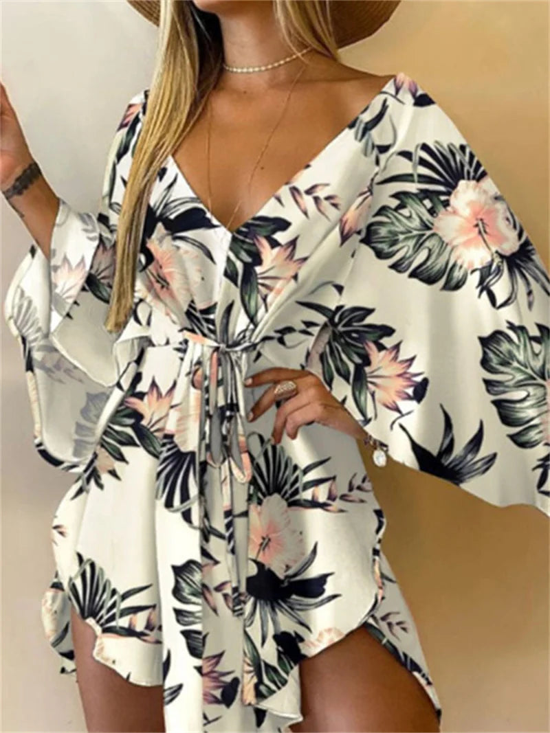 Boho Print Mini Dress or Beach Cover-Up in 12 different Prints, V-Neck, Bat Sleeves, Short Angular Hem, Gathered Waist
