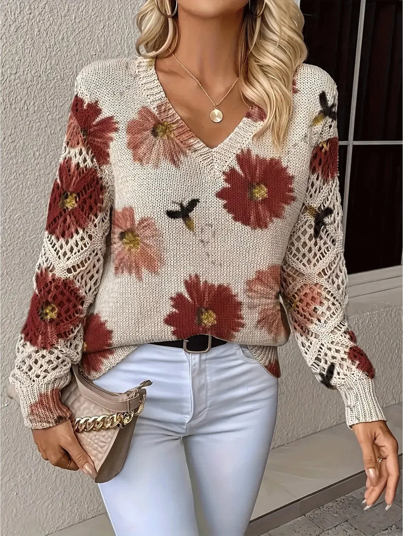 Boho Floral Print V Neck Crocheted Long Sleeved Sweater with Hollowed Out Knit Sleeves in 12 Different Designs
