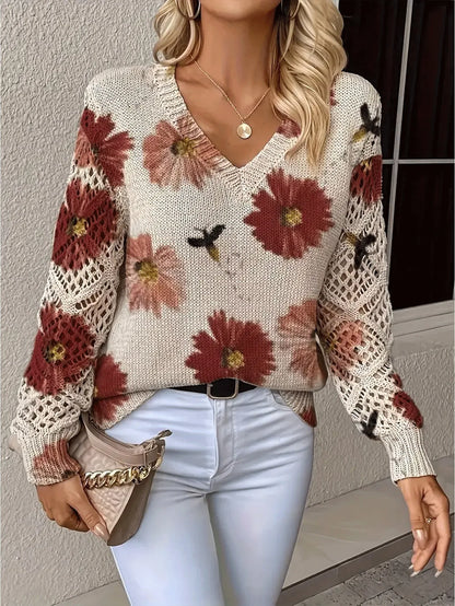 Boho Floral Print V Neck Crocheted Long Sleeved Sweater with Hollowed Out Knit Sleeves in 12 Different Designs