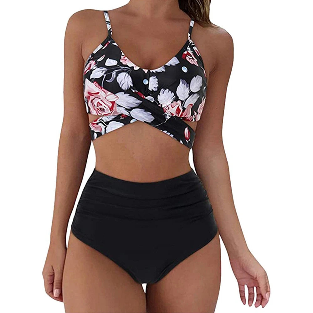 Sizes to 2XL, 12 Colors, Slimming Bikini Set, High Waisted Swimwear, 2 Pieces