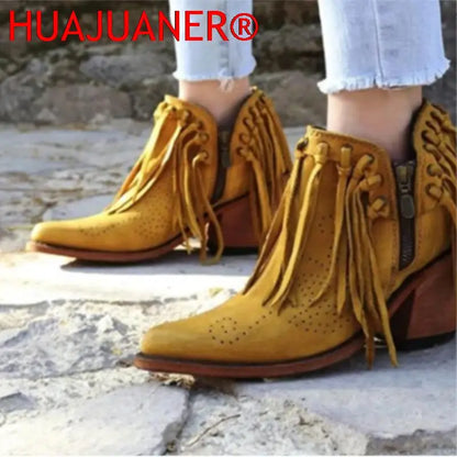 Short Walking with Western Flair, Suede, Low Heel Round Toe, Tassel Ankle Boots with Side Zipper Closure. In Gold and Off White