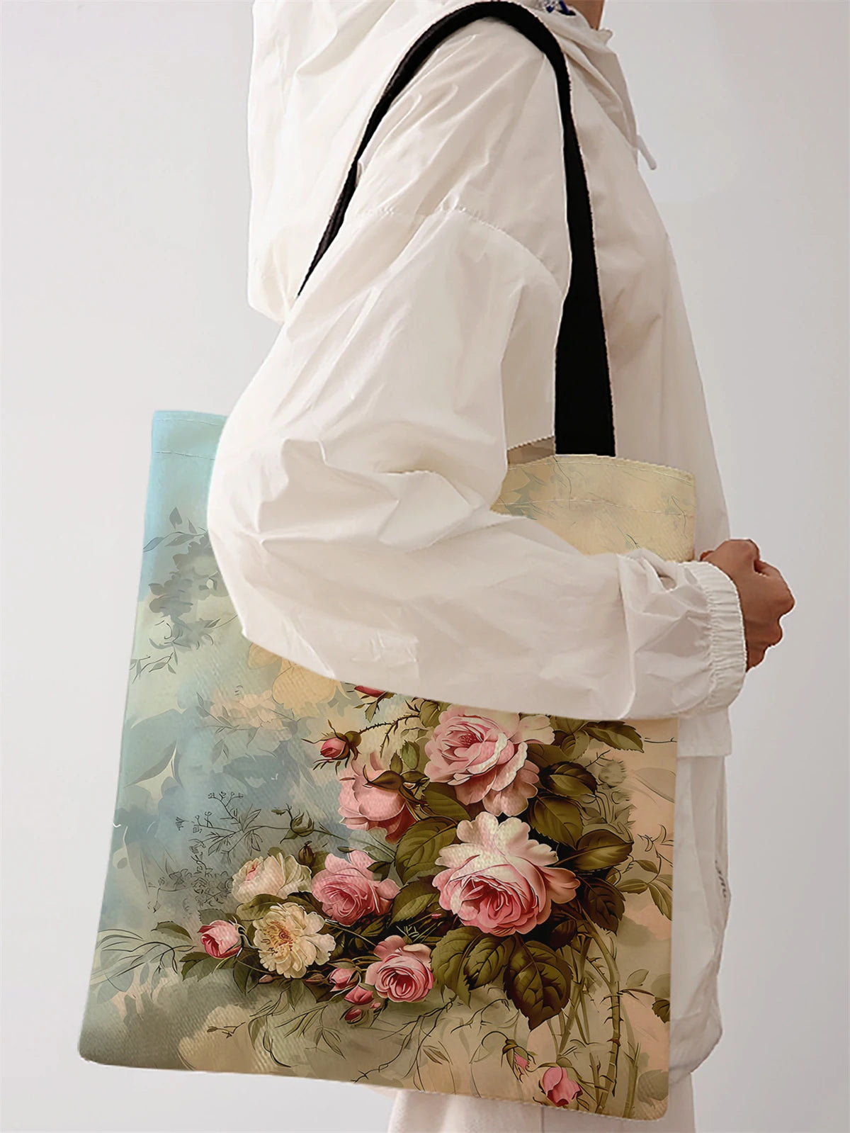 Rose pattern printed casual canvas handbag, reusable, multifunctional handbag, canvas shopping bag
