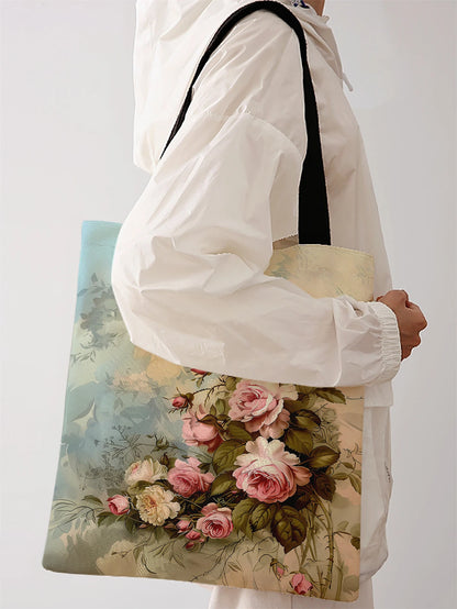 Rose pattern printed casual canvas handbag, reusable, multifunctional handbag, canvas shopping bag